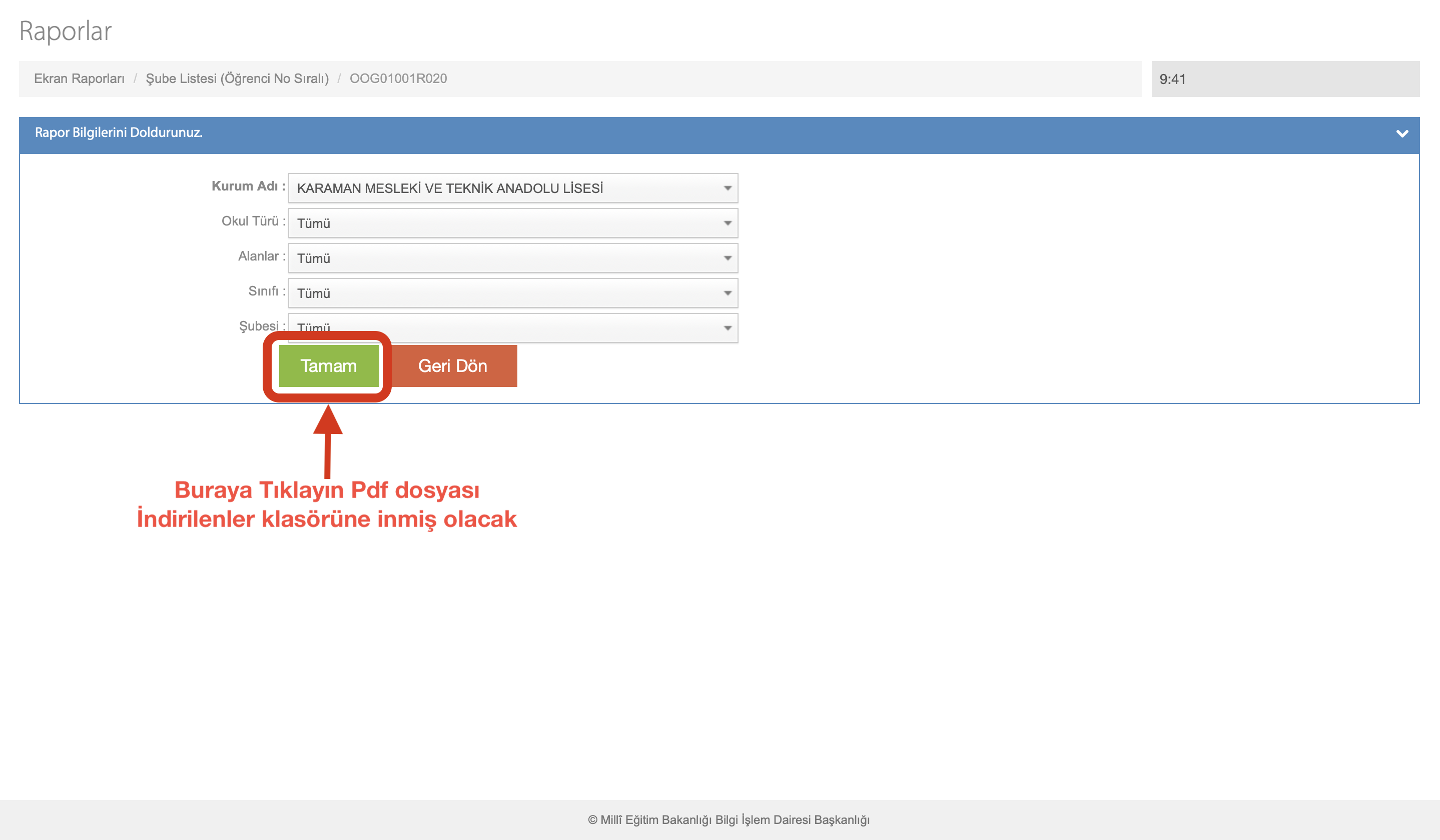 E-Okul raporu PDF olarak indirme ekranı